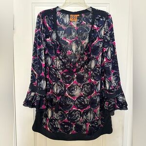 Tory Burch Navy Blue, Pink and White Ruffled Circle Patterned Tunic Top